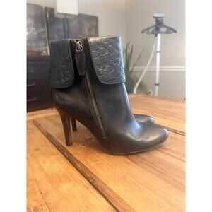 Coach Mackenna Size 8 High Heel Booties Boots Embossed Cuff Leather Black